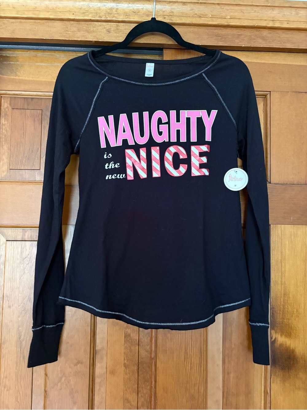 flirtitude Black Long Sleeve Top with Pink and Candy-Stripe Accents PJ Top M